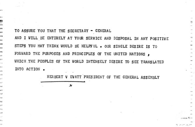Telegram, Herbert Evatt to Harry S. Truman