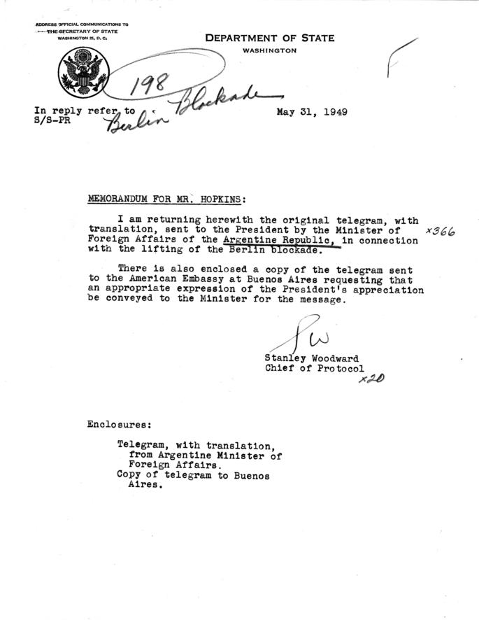 Telegram and Translation, Juan Atilio Bramuglia to Harry S. Truman