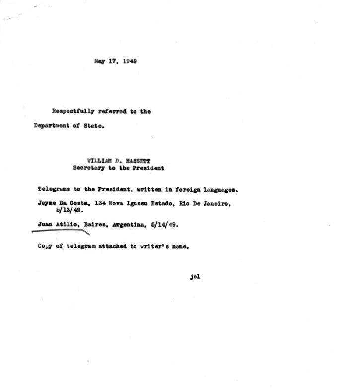 Telegram and Translation, Juan Atilio Bramuglia to Harry S. Truman