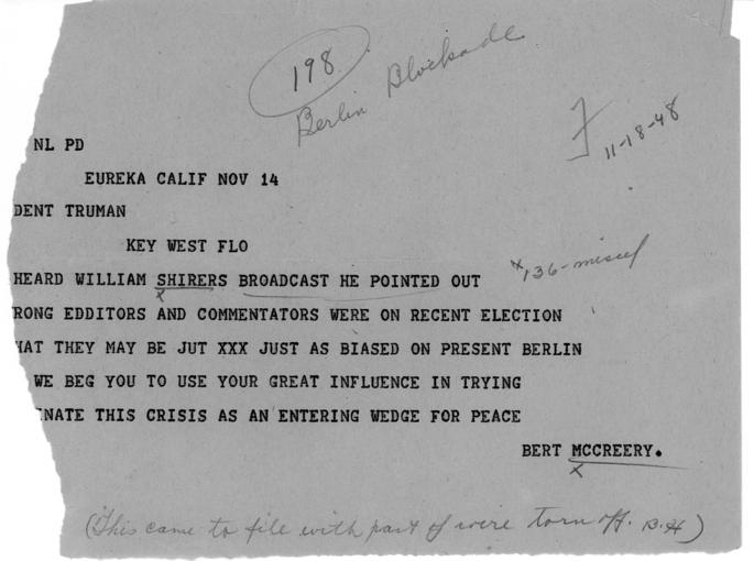 Telegram from Bert McCreery to HST