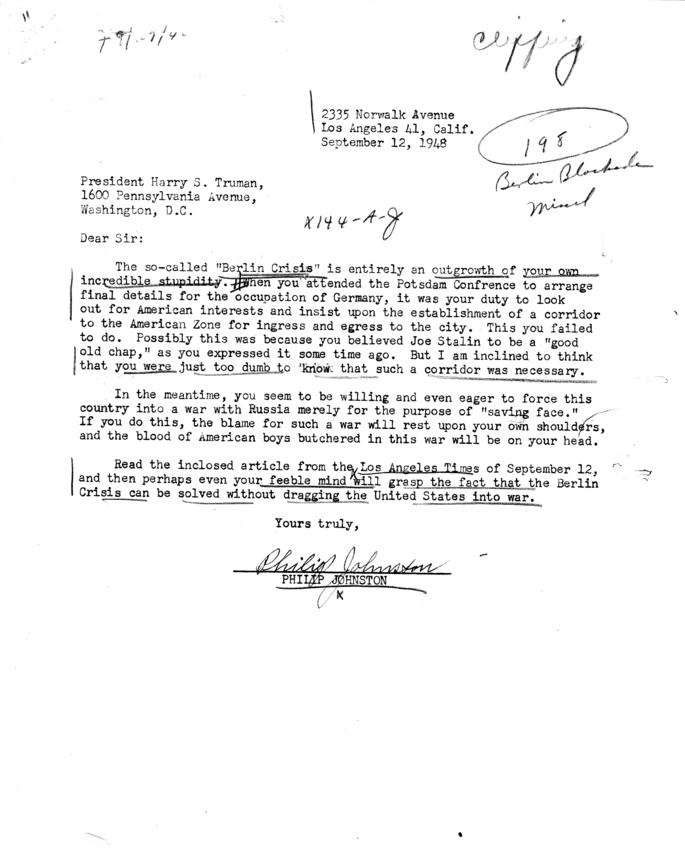 Philip Johnston to Harry S. Truman
