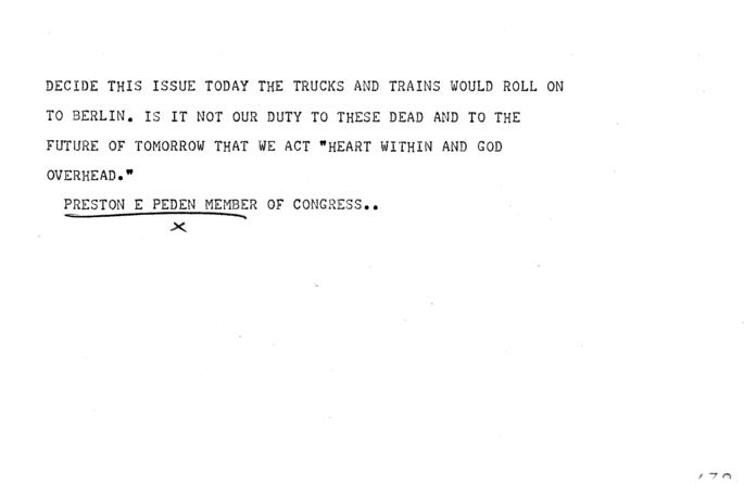 Telegram, Preston E. Peden to Harry S. Truman