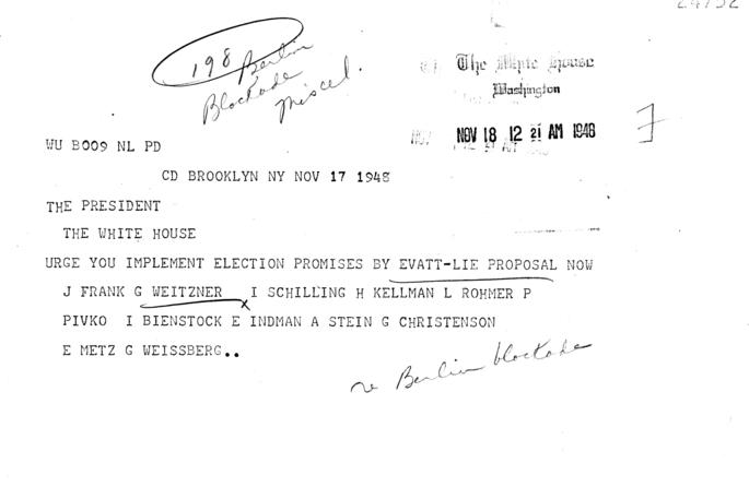 Telegram, J. Frank and others to Harry S. Truman