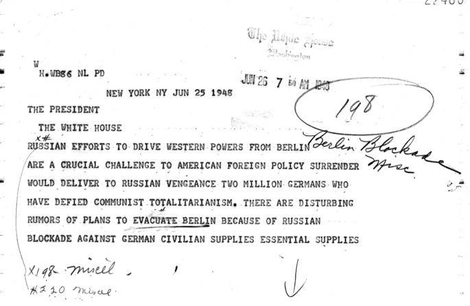 Telegram, Alfred M. Bingham et al., to Harry S. Truman