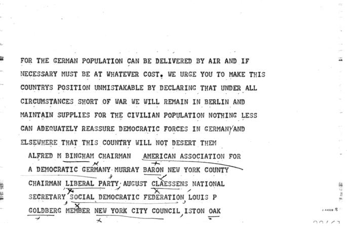 Telegram, Alfred M. Bingham et al., to Harry S. Truman