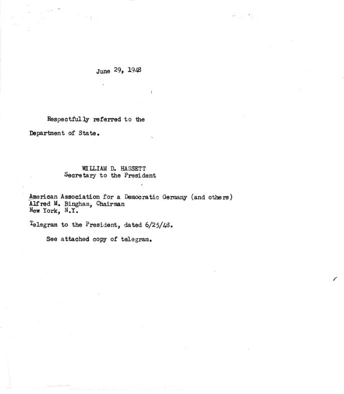 Telegram, Alfred M. Bingham et al., to Harry S. Truman
