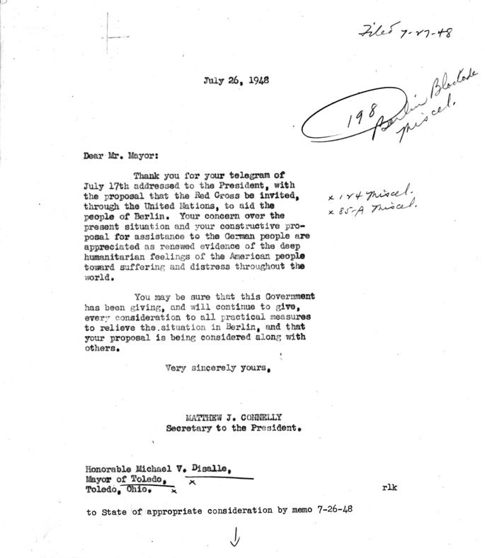 Michael V. Disalle to Harry S. Truman, with reply from Matthew Connelly, with attached internal memos