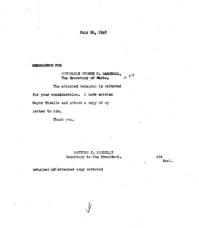 Michael V. Disalle to Harry S. Truman, with reply from Matthew Connelly, with attached internal memos