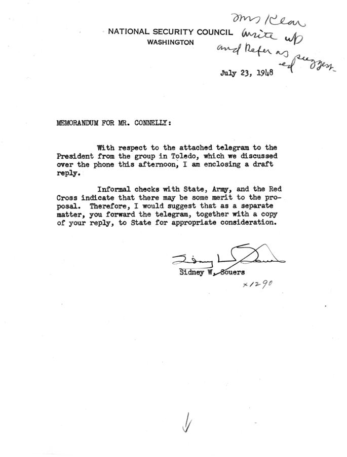 Michael V. Disalle to Harry S. Truman, with reply from Matthew Connelly, with attached internal memos