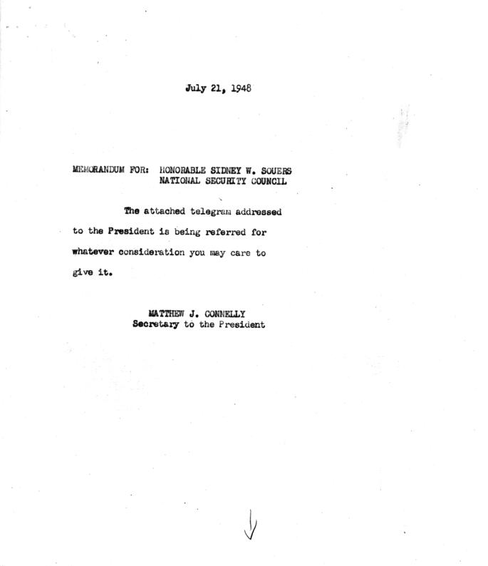 Michael V. Disalle to Harry S. Truman, with reply from Matthew Connelly, with attached internal memos