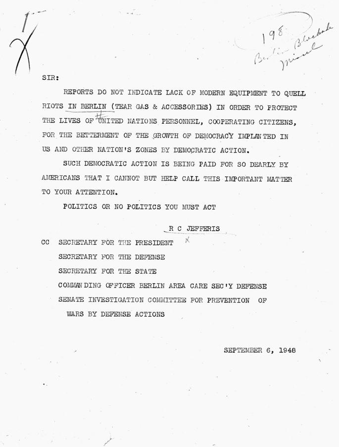 R. C. Jefferis to Harry S. Truman