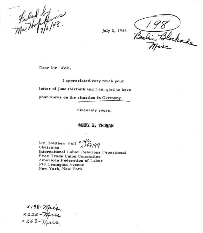 Correspondence between Matthew Woll and Harry S. Truman