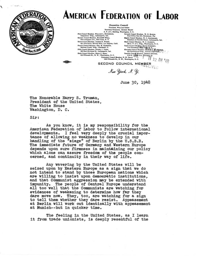 Correspondence between Matthew Woll and Harry S. Truman