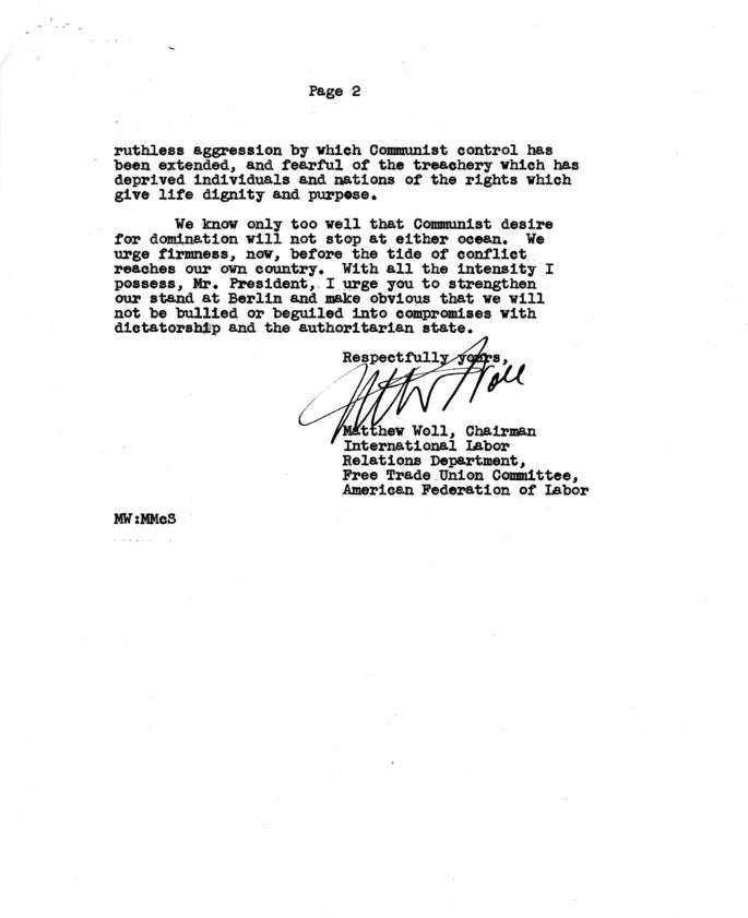 Correspondence between Matthew Woll and Harry S. Truman