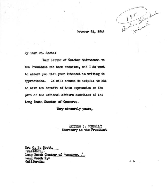 C.E. Scott to Harry S. Truman, with reply from Matthew J. Connelly