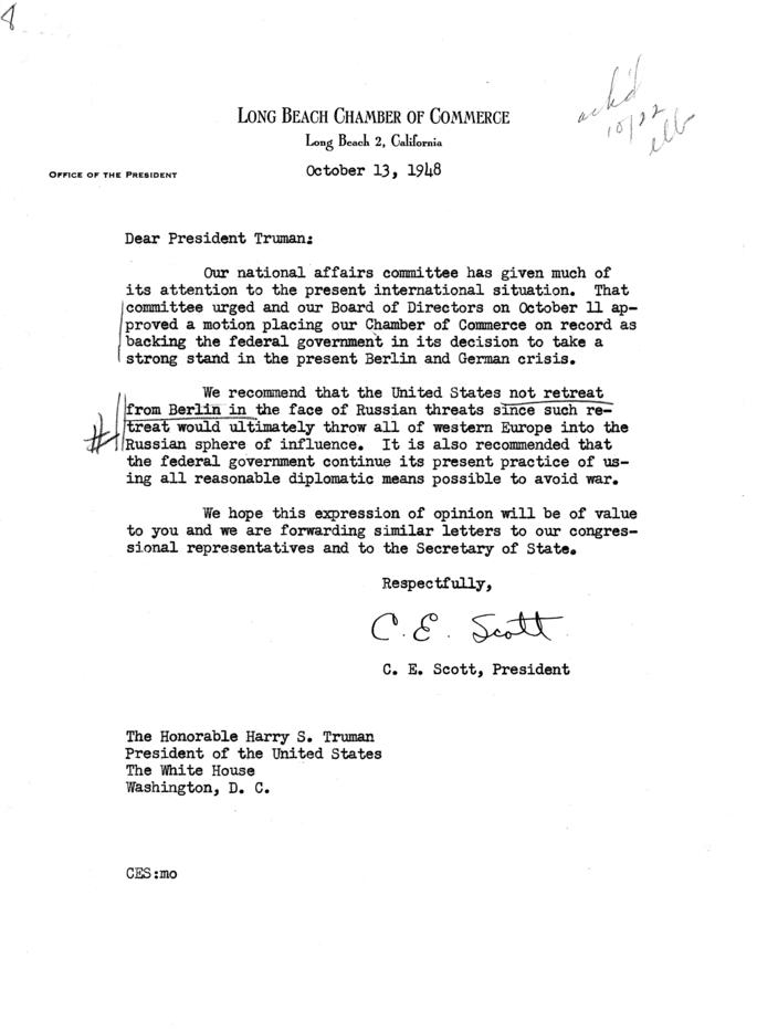 C.E. Scott to Harry S. Truman, with reply from Matthew J. Connelly