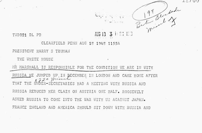 Telegram, A.K. Wright to Harry S. Truman