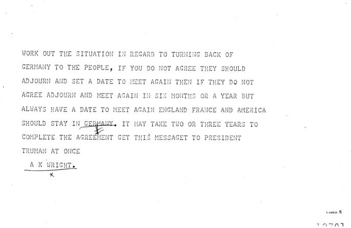 Telegram, A.K. Wright to Harry S. Truman