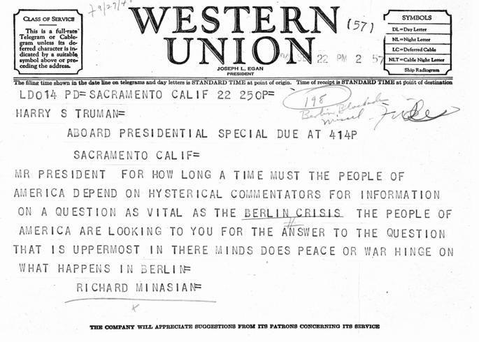 Telegram, Richard Minasian to Harry S. Truman