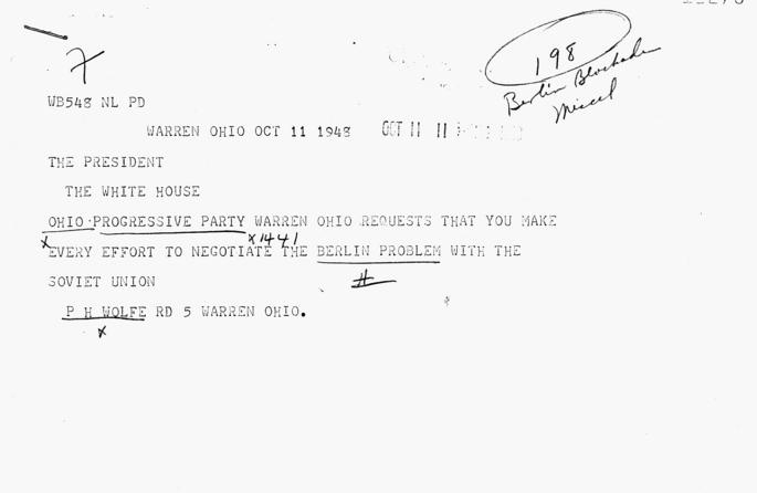 Telegram, P.H. Wolfe to Harry S. Truman