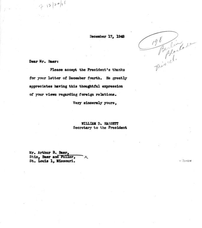 Arthur B. Baer to Harry S. Truman, with reply from William D. Hassett