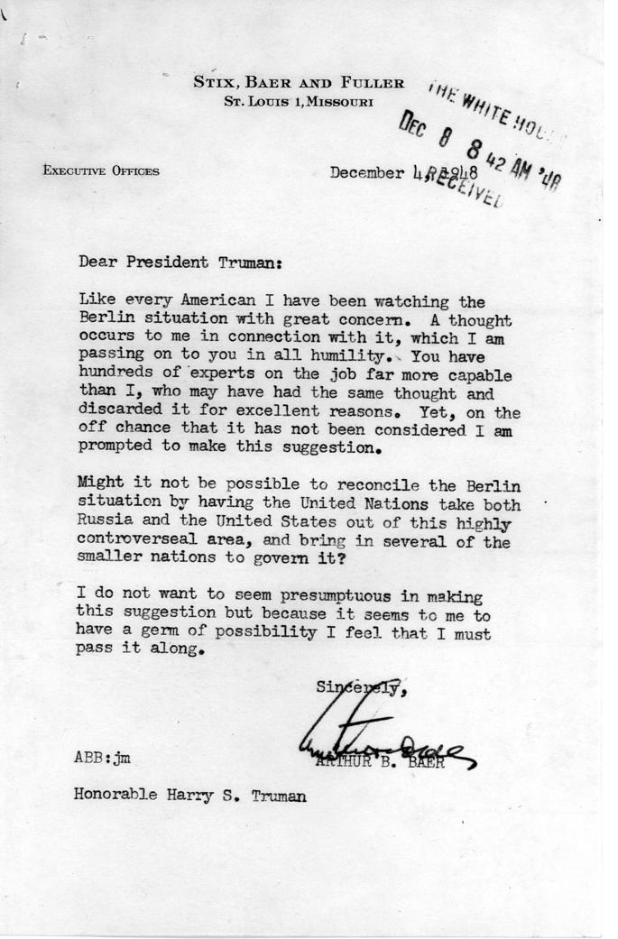 Arthur B. Baer to Harry S. Truman, with reply from William D. Hassett