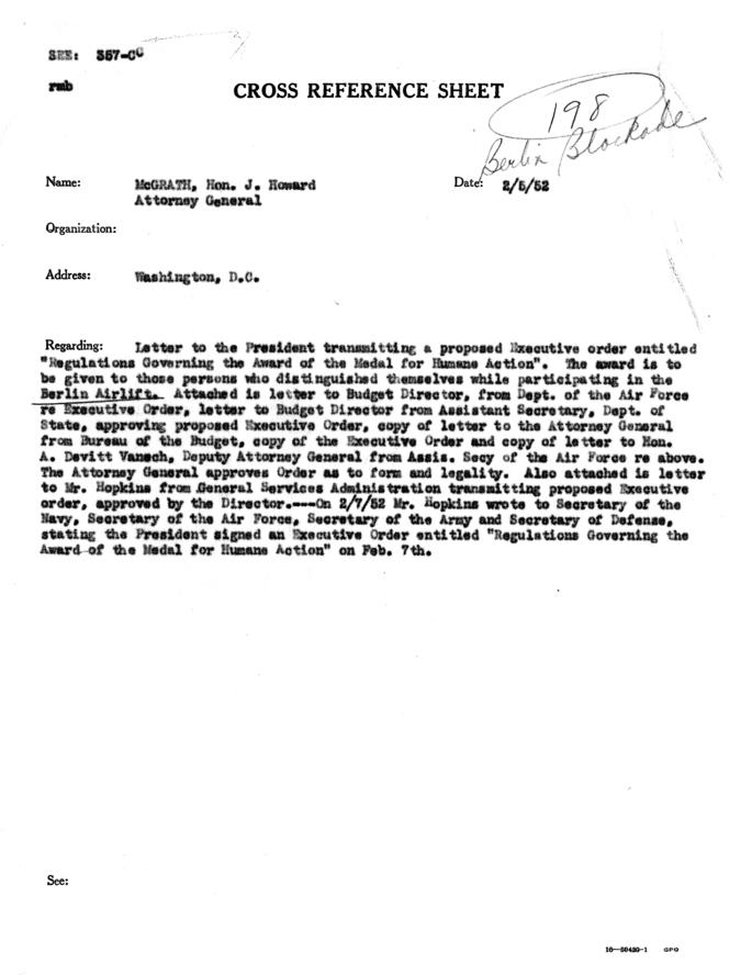 Summary of correspondence from Hon. J. Howard McGrath