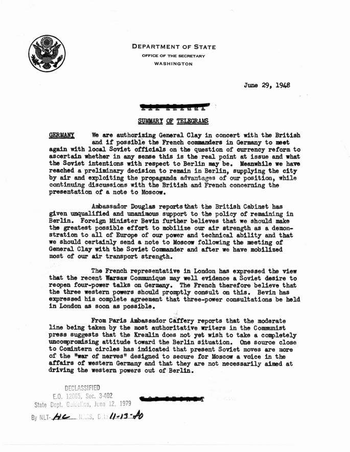 State Department Summary of Telegrams