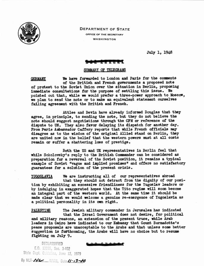 State Department Summary of Telegrams