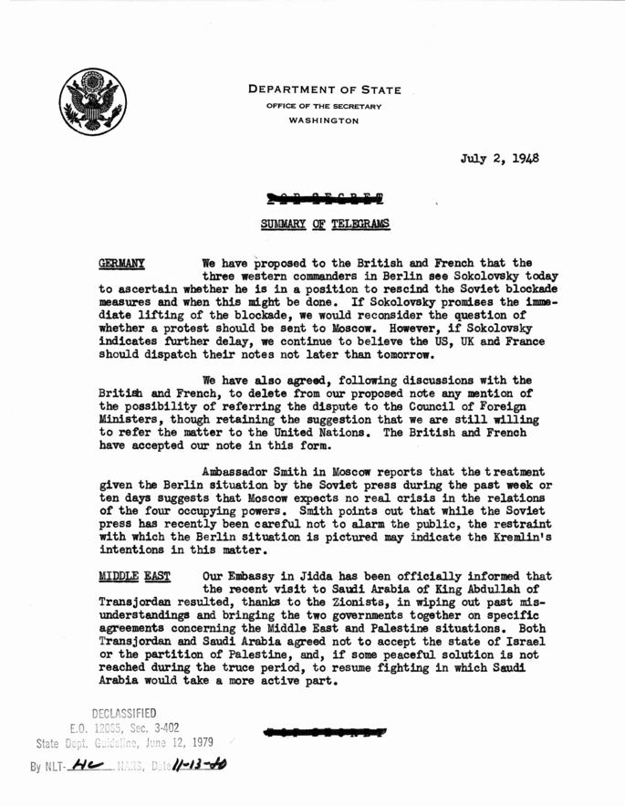 State Department Summary of Telegrams