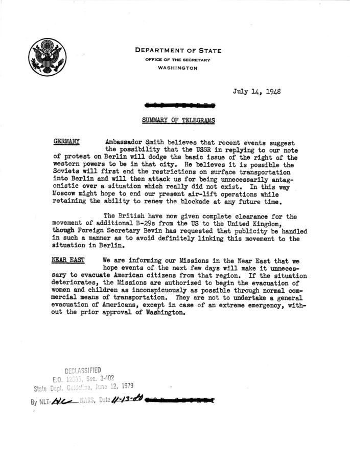 State Department Summary of Telegrams