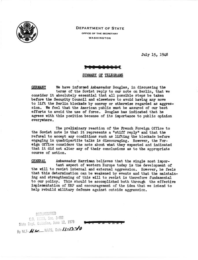 State Department Summary of Telegrams