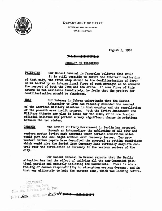 State Department Summary of Telegrams