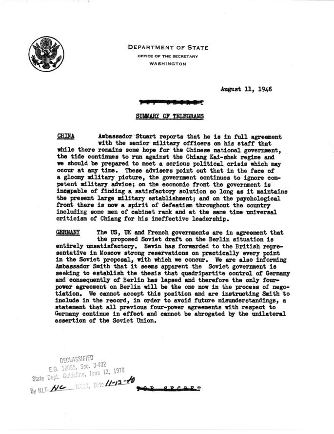 State Department Summary of Telegrams