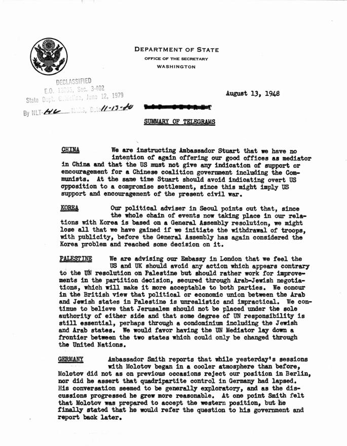 State Department Summary of Telegrams