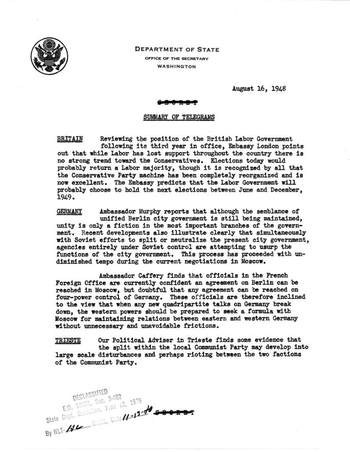 State Department Summary of Telegrams