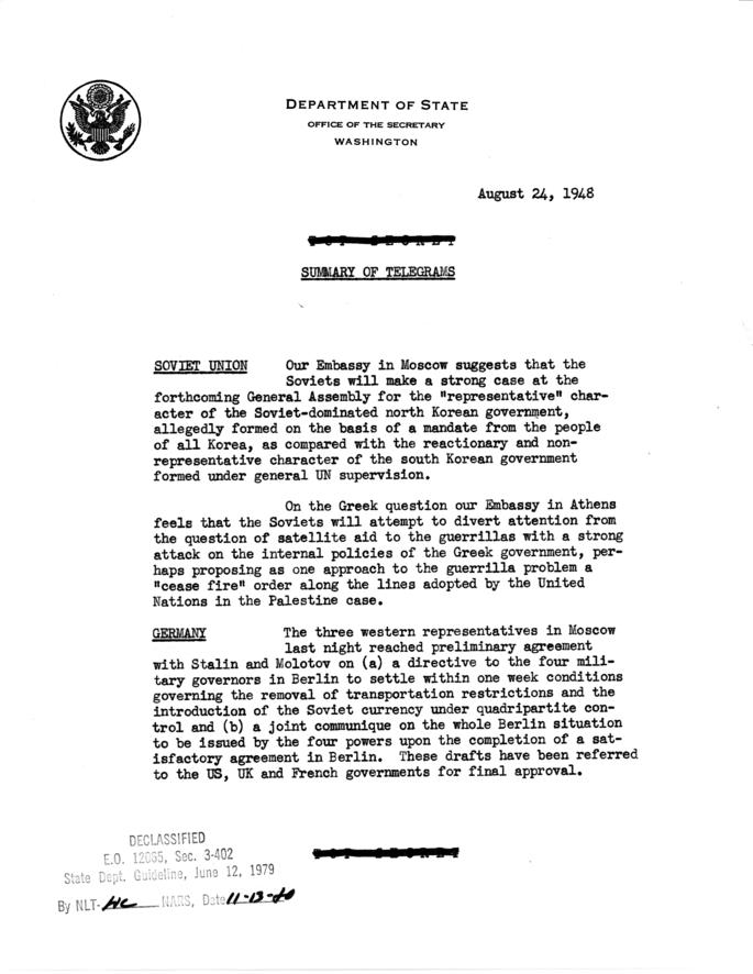 State Department Summary of Telegrams