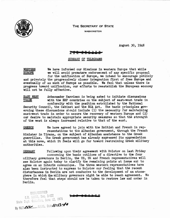 State Department Summary of Telegrams