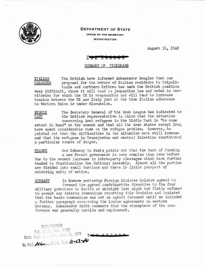 State Department Summary of Telegrams