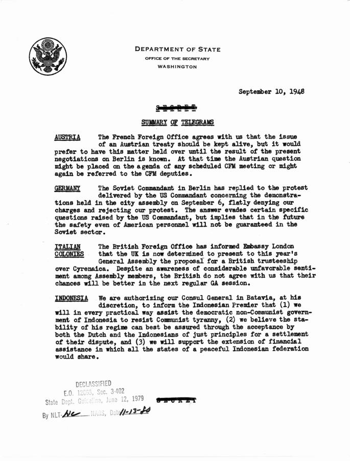 State Department Summary of Telegrams