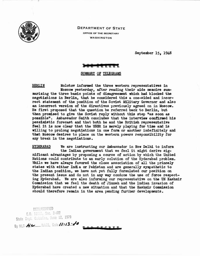 State Department Summary of Telegrams