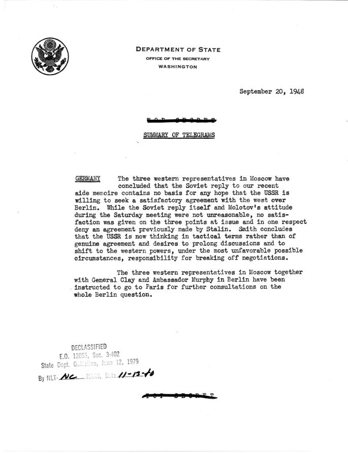 State Department Summary of Telegrams