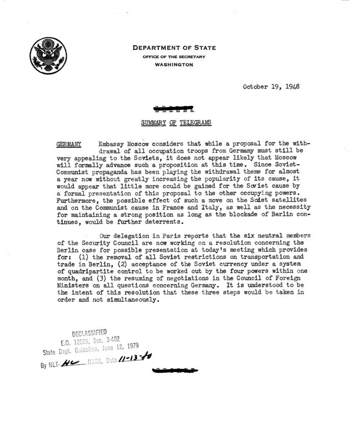 State Department Summary of Telegrams