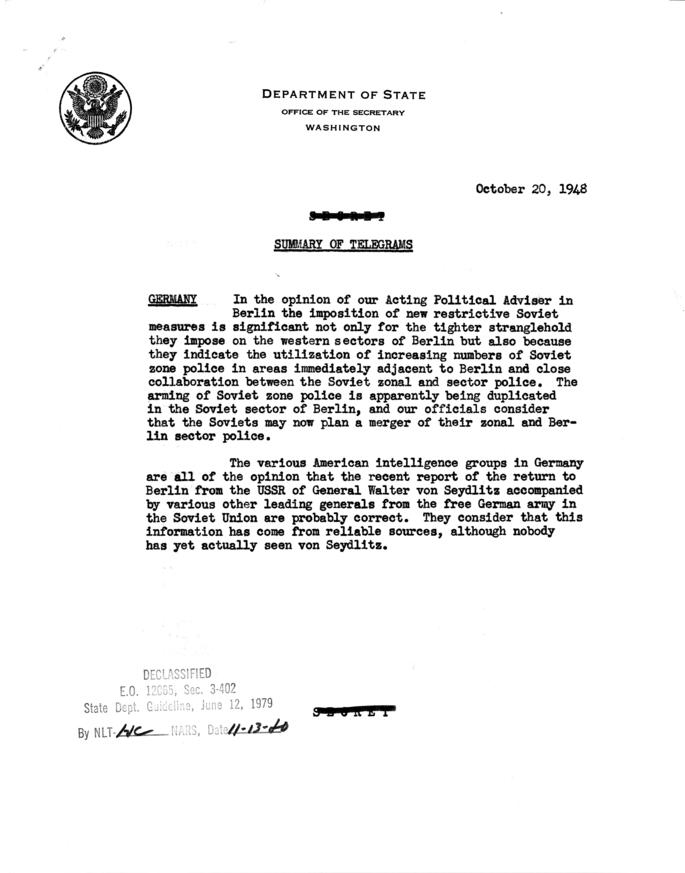 State Department Summary of Telegrams