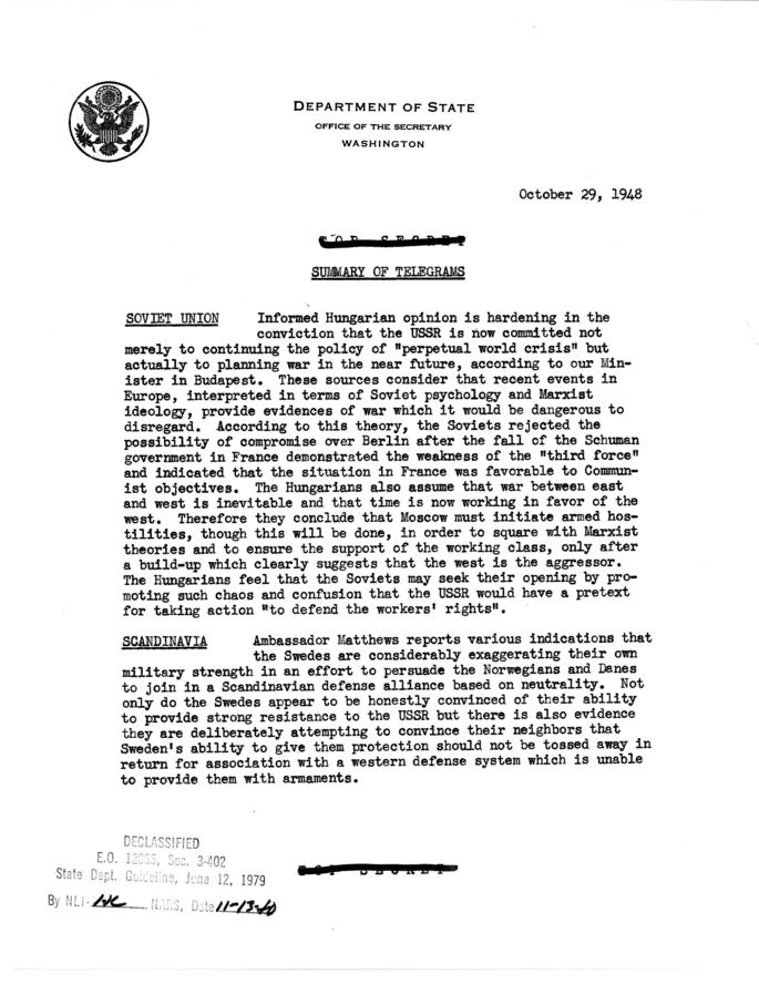 State Department Summary of Telegrams