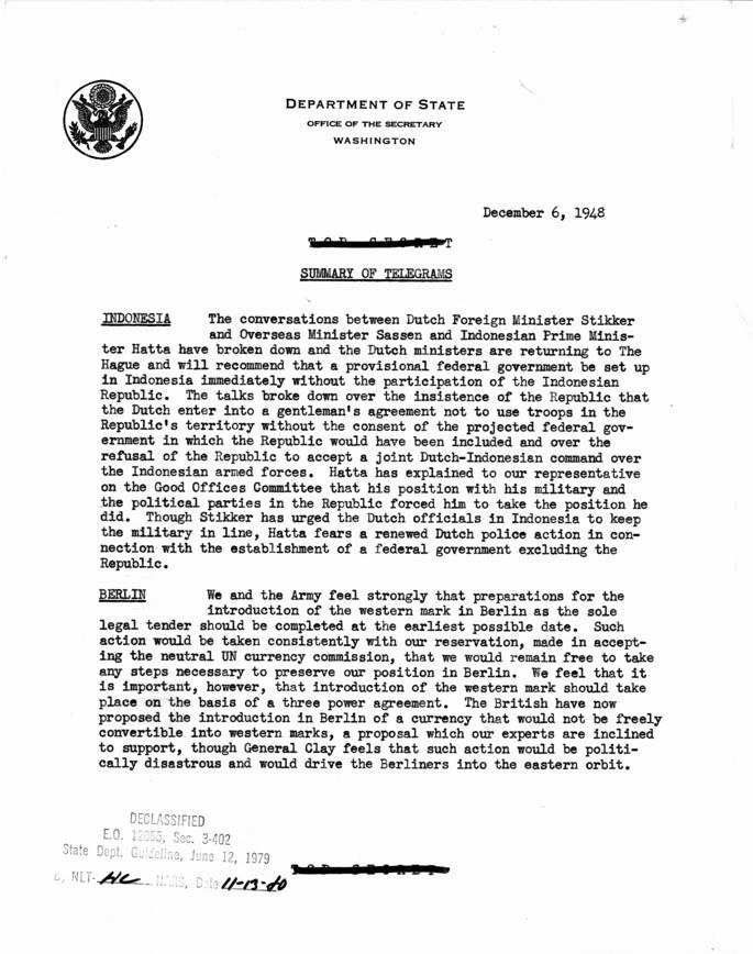 State Department Summary of Telegrams