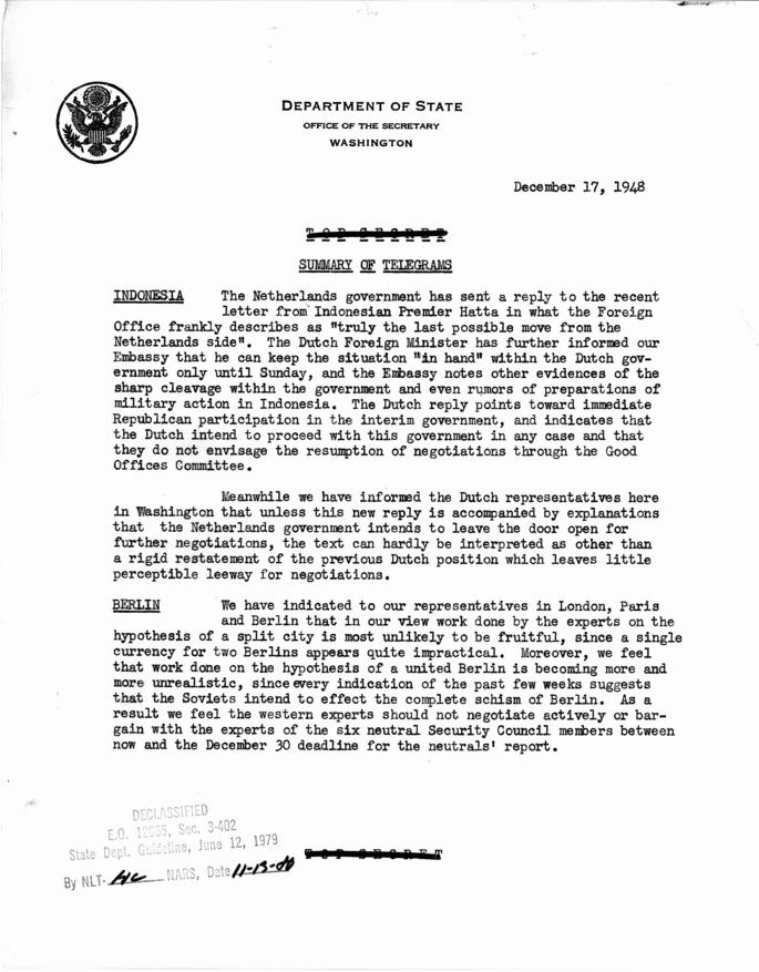 State Department Summary of Telegrams