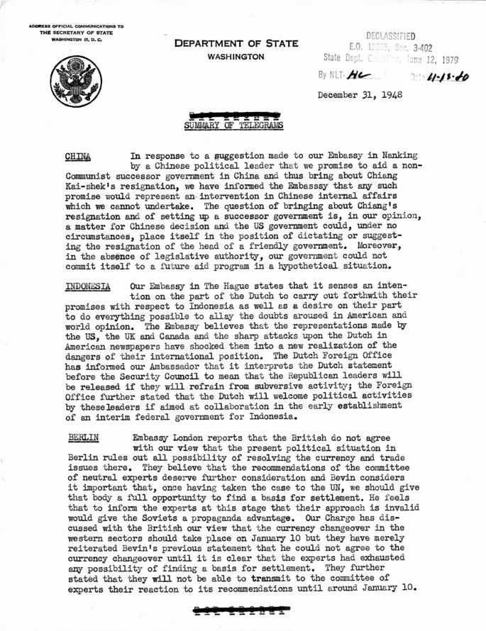 State Department Summary of Telegrams