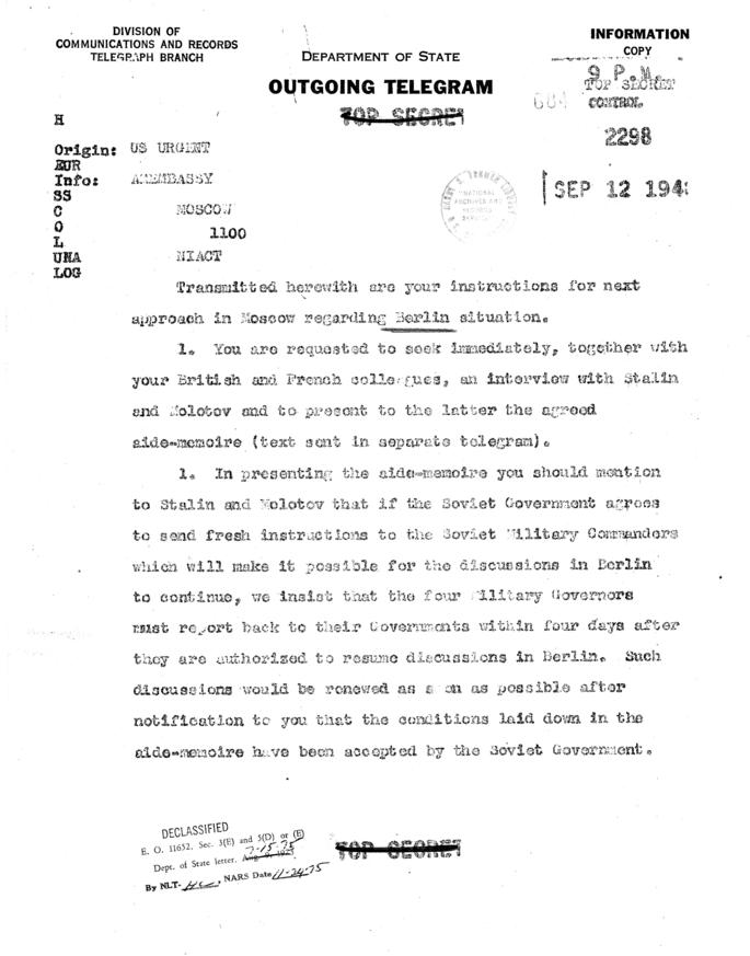 Telegram, Department of State to American Embassy, Moscow: Interview with Stalin and Molotov
