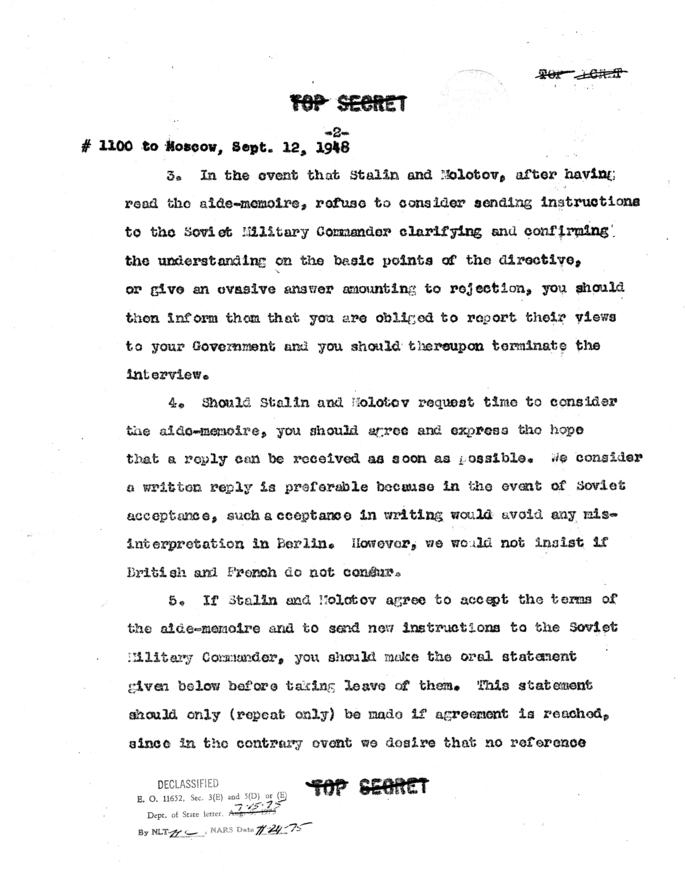 Telegram, Department of State to American Embassy, Moscow: Interview with Stalin and Molotov
